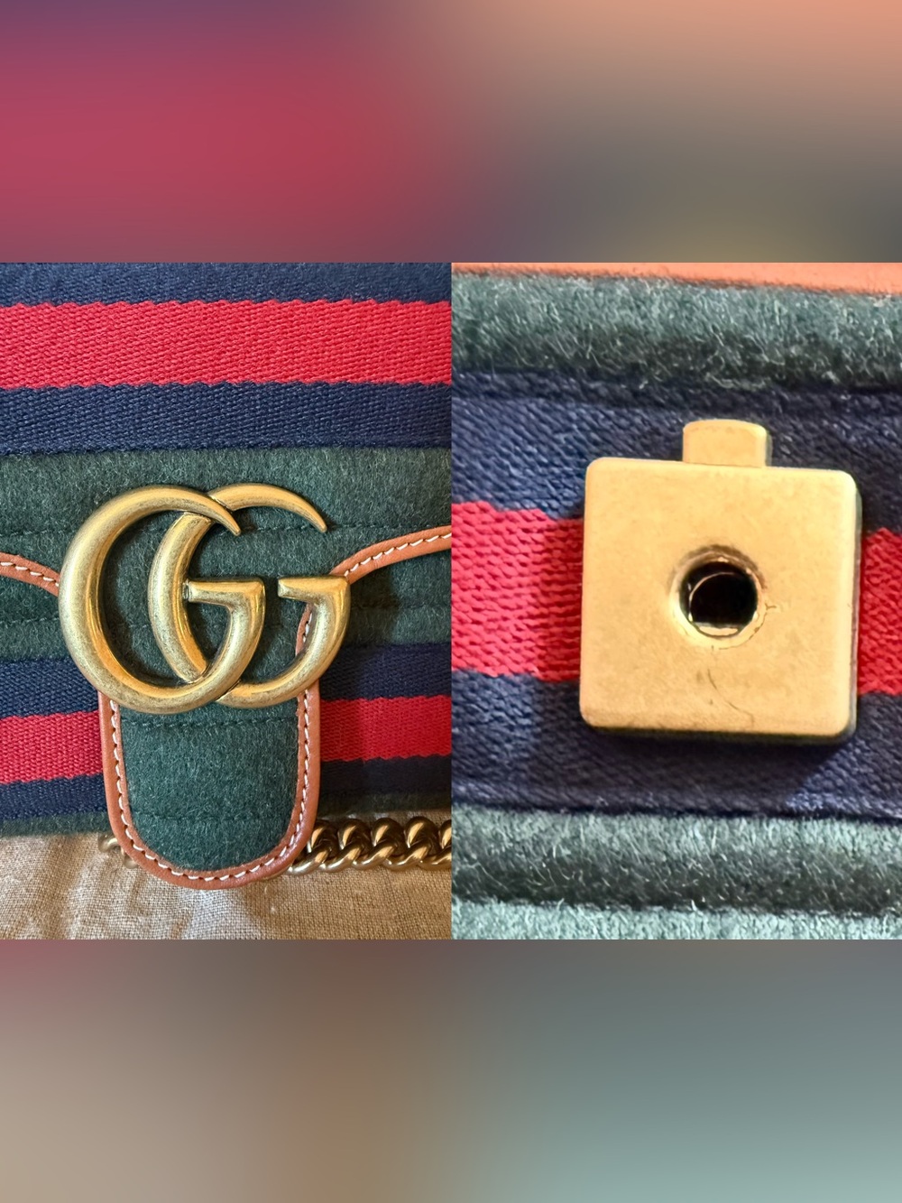 Gucci Navy Red Green Stripe GG Shoulder Bag with Tan Trim - Picture 12 of 16